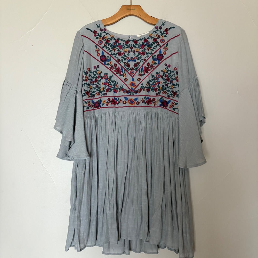 UMGEE USA Embroidered Bell Sleeve Babydoll Dress Bohemian,‎ Nature Gray SZ M NEW